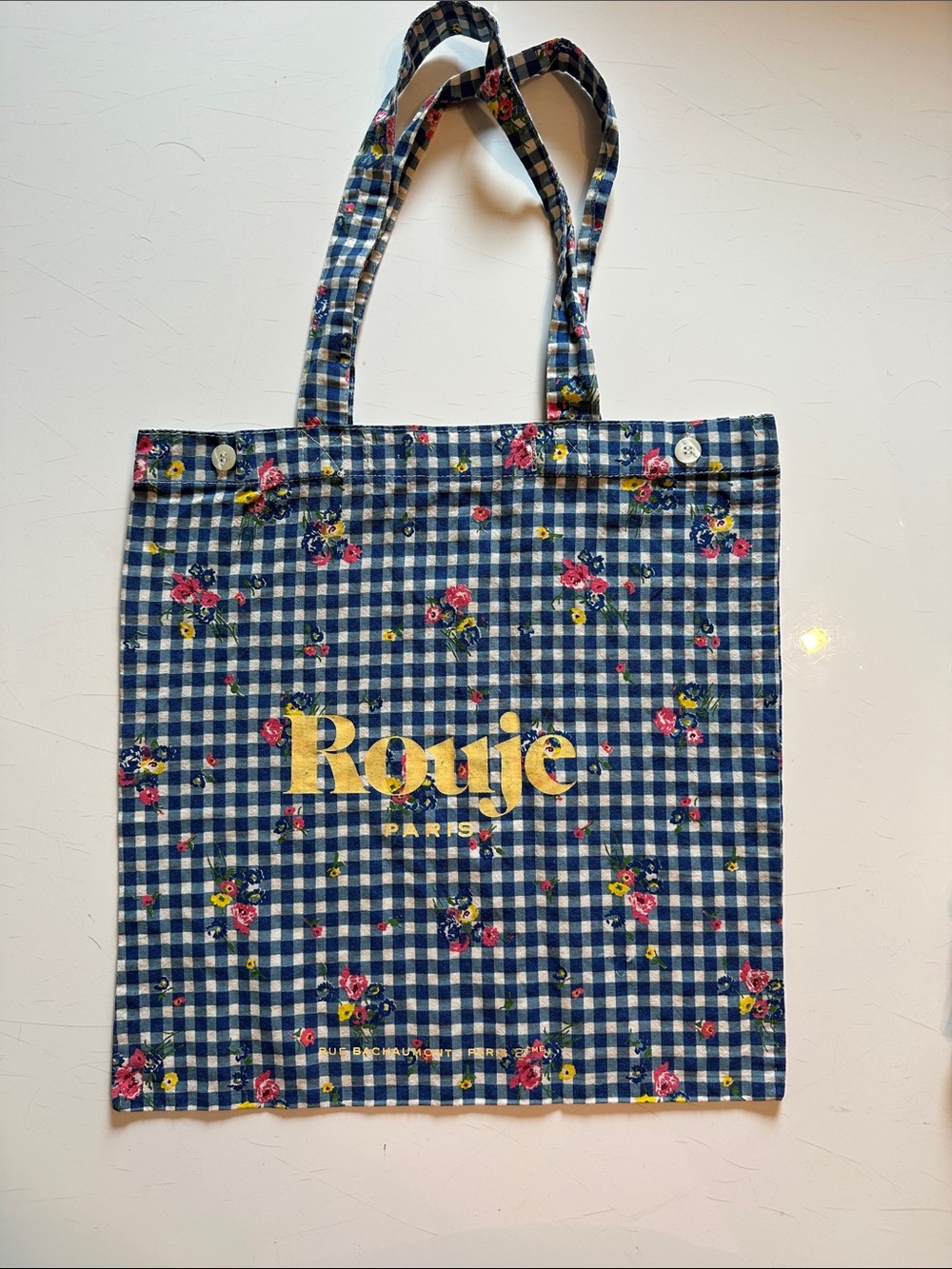 Rouje blue Gingham Floral Canvas Tote with florals and Logo